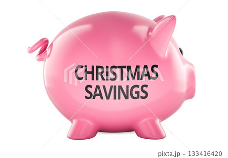 CHRISTMAS SAVINGS, pink piggy bank. 3D rendering CHRISTMAS SAVINGS, pink piggy bank. 3D rendering 133416420