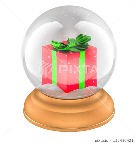 Christmas snow globe with gift box inside. 3D rendering Christmas snow globe with gift box inside. 3D rendering 133416421