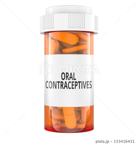 Oral Contraceptive pills in prescription bottle. 3D rendering 133416431