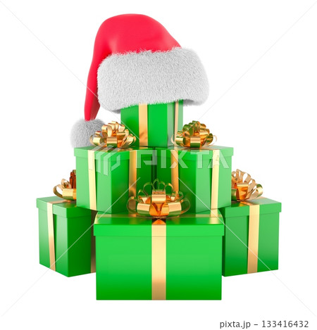 Pile of green gift boxes in a pyramid and topped with a red Santa hat. Festive Christmas present composition, 3D rendering 133416432