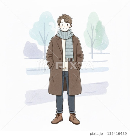 冬にコートを着て立っている男性 133416489