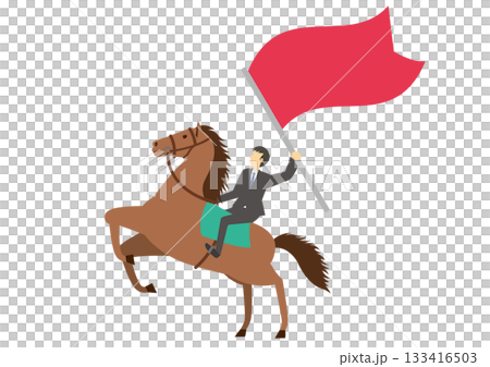 A man in a suit riding a horse and holding a flag 133416503