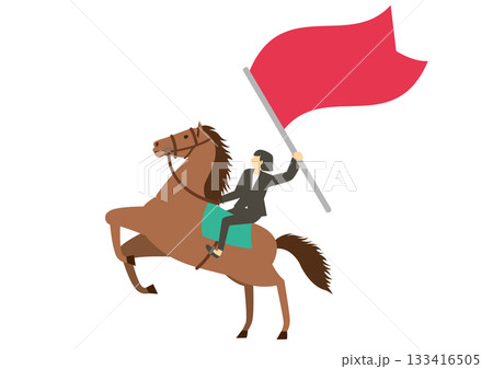 馬に乗り旗を持つスーツを着た女性 馬に乗り旗を持つスーツを着た女性 133416505