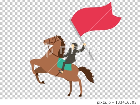 馬に乗り旗を持つスーツを着た女性 馬に乗り旗を持つスーツを着た女性 133416505