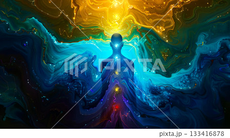 A human figure radiates brilliant energy in a...のイラスト素材 [133416878] - PIXTA