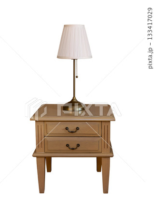 Table lamp on Wooden bedside table Isolated on White Background with Clipping Path 133417029