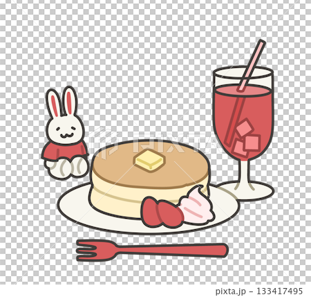 パンケーキと飲み物の隣にうさぎのぬいぐるみのイラスト 133417495