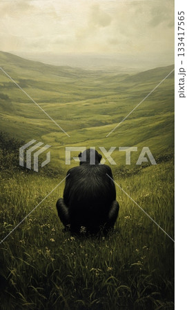 Gorilla sitting in vast green valley, contemplative mood. Solitude and nature harmony concept 133417565