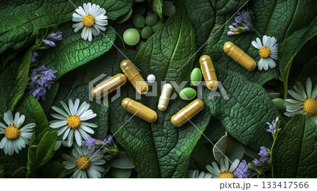 Herbal supplements on natural green leaf background with flowers, holistic wellness concept Herbal supplements on natural green leaf background with flowers, holistic wellness concept 133417566