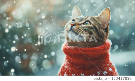 Cat wearing a red sweater in a snowy landscape, looking up at the falling snow. Winter season and warmth concept 133417850