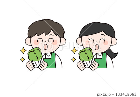 白菜を持ったスーパーの店員イメージの男女イラスト 133418063
