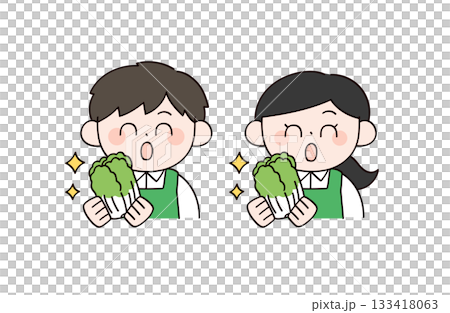超市男女店員手持高麗菜的插圖 133418063