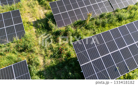 Aerial view of solar power station on a green field. Sustainable development. 133418182