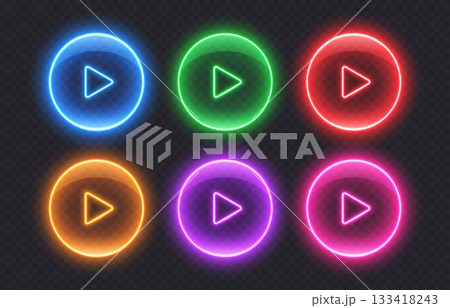 Neon media play buttons. Colorful glowing glossy audio control icons Neon media play buttons. Colorful glowing glossy audio control icons 133418243