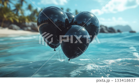 Black balloons floating on tropical beach water, serene vibe. Celebration and relaxation concept 133418637