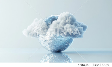 A reflective disco ball partially obscured by fluffy clouds on a smooth surface, abstract concept. Surreal art and creativity concept 133418889