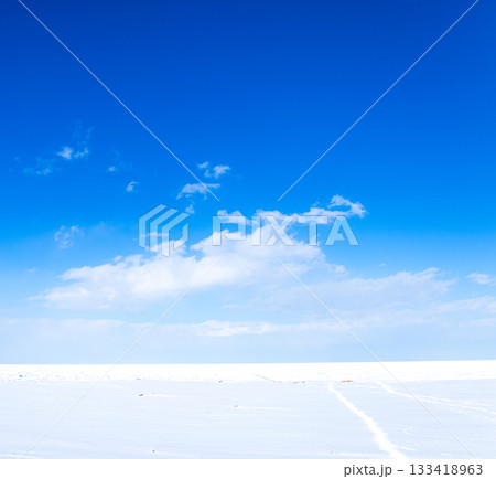 青空が広がる真冬の北海道オホーツク海に接岸した一面の流氷 133418963