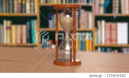 Hourglass on Table in Blurred Library Background 3d render. 133419142