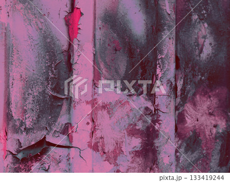 Abstract textured background of peeling paint in shades of pink and purple. This close-up shows the details of weathered paint on a metal surface, creating a unique visual texture. Abstract textured background of peeling paint in shades of pink and purple. This close-up shows the details of weathered paint on a metal surface, creating a unique visual texture. 133419244