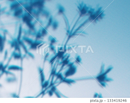 Abstract floral silhouette against a blue sky. A soft focus image of delicate, blurred blue flowers, creating a serene and artistic aesthetic. Abstract floral silhouette against a blue sky. A soft focus image of delicate, blurred blue flowers, creating a serene and artistic aesthetic. 133419246