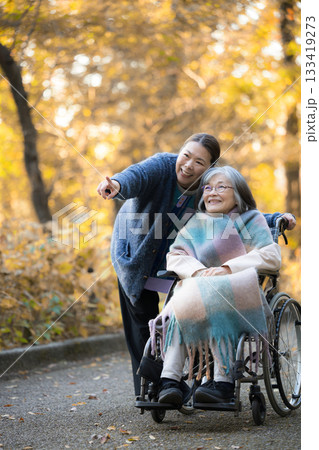 落ち葉の中秋の屋外で介護する女性と車椅子の高齢者、訪問介護や散歩などの外出イメージ 落ち葉の中秋の屋外で介護する女性と車椅子の高齢者、訪問介護や散歩などの外出イメージ 133419273