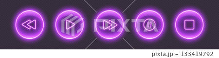 Neon media player buttons. Glossy glowing audio control icons. Neon media player buttons. Glossy glowing audio control icons. 133419792