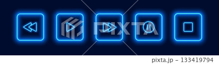 Neon media player buttons. Blue glowing audio control icons. 133419794