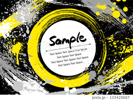 黒ベースに中央に白い円を置き黄色とモノクロのペンキを散らした背景 黒ベースに中央に白い円を置き黄色とモノクロのペンキを散らした背景 133420087