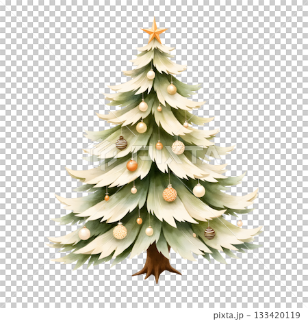 Elegant Christmas Tree Decorated with Ornaments and Golden Star on Top of Branches 133420119