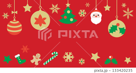 カラフルなクリスマスツリーの飾りのフレームイラスト 133420235