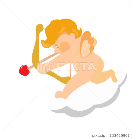 雲の上から狙いを定めて恋の矢を打とうとするキューピッドのイラスト 133420901