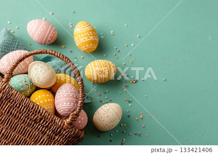 Colorful decorated Easter eggs placed near a wicker basket on a green surface, embodying the festive and joyful vibe of Easter celebrations Colorful decorated Easter eggs placed near a wicker basket on a green surface, embodying the festive and joyful vibe of Easter celebrations 133421406