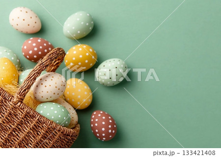 Colorful decorated Easter eggs placed near a wicker basket on a green surface, embodying the festive and joyful vibe of Easter celebrations 133421408