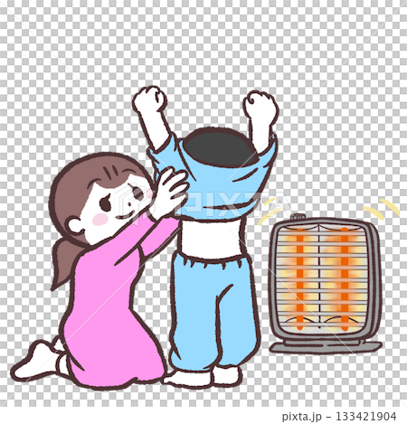 電気ストーブの前で着替える子供のイラスト 133421904