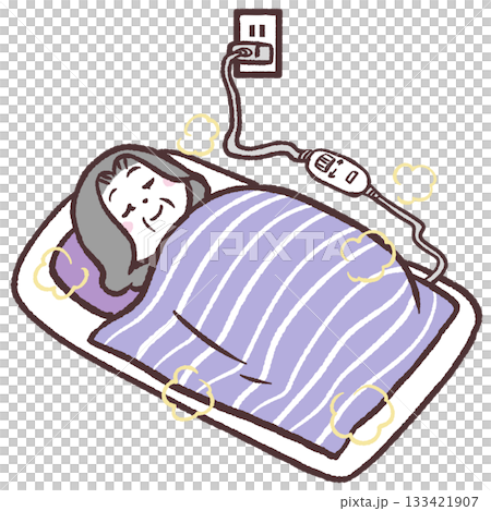 Illustration of a senior woman sleeping with an electric blanket Illustration of a senior woman sleeping with an electric blanket 133421907