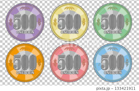 500 yen coin front (concentrated line design / normal colors, purple, green, pink, blue, orange) 133421911