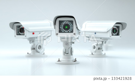 Three white modern security cameras with multiple small bright lights stand on a clean reflective surface representing advanced digital protection and continuous watchful monitoring. Three white modern security cameras with multiple small bright lights stand on a clean reflective surface representing advanced digital protection and continuous watchful monitoring. 133421928