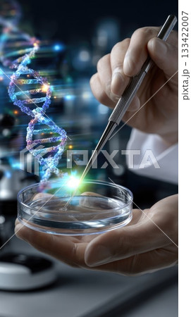 Scientist hand carefully manipulates samples in a petri dish with precision tools in a futuristic chemical laboratory, highlighting advanced DNA experiments and biotechnology research. 133422007