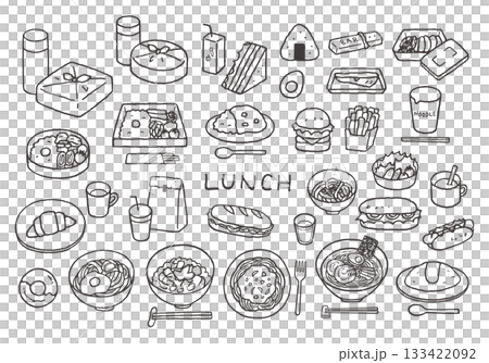 Lunch and lunch related hand-drawn illustration set (monochrome) 133422092