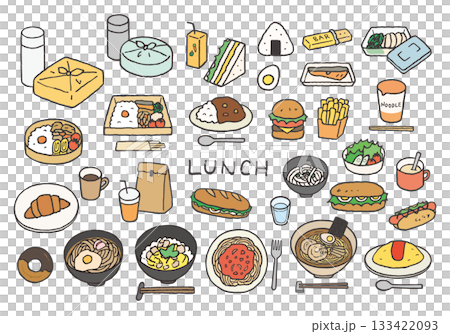 Lunch and lunch related hand-drawn illustration set (color) 133422093