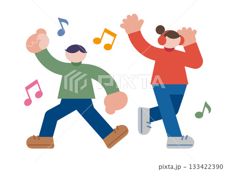 音楽を聴きながら歌を歌うカップルのイラスト 音楽を聴きながら歌を歌うカップルのイラスト 133422390