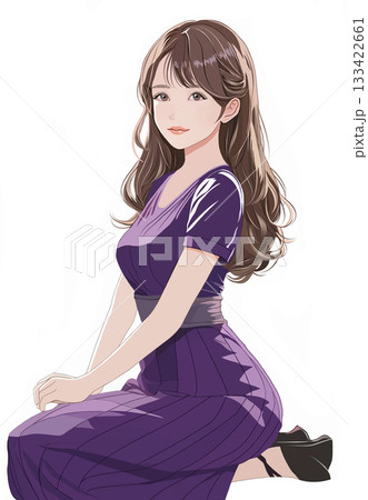座る髪の長い少女イラスト 133422661