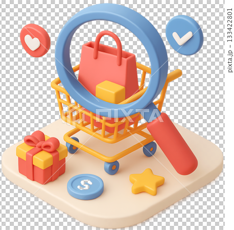 3D Shopping Search Magnifying Glass E-commerce Cart Online Retail Gift Box Product Discovery Order Checkmark Customer Service Concept Illustration 3D Shopping Search Magnifying Glass E-commerce Cart Online Retail Gift Box Product Discovery Order Checkmark Customer Service Concept Illustration 133422801