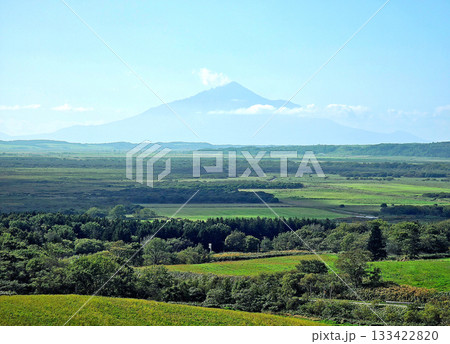 The image captures a serene vista of rolling hills, verdant fields, and a majestic mountain peak, all bathed in sunlight	 133422820