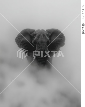 A serene elephant head appears through a thick mist, capturing the essence of wildlife in a captivating moment. 133423188