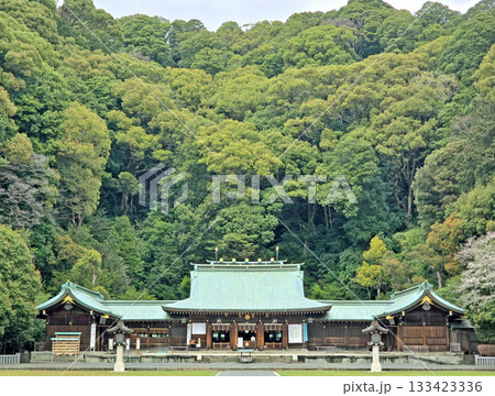 This serene scene captures the beauty of a traditional Japanese shrine surrounded by vibrant foliage 133423336
