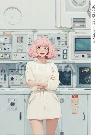 絵美シリーズ：研究所の計器前に立つサイバー少女の未来ラボシーン（AIキャラクター） 133423536