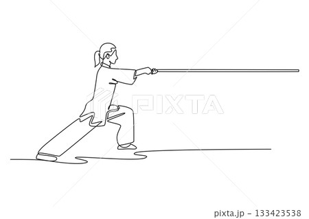 Continuous one line drawing woman Wushu athlete poised in deep bow stance, holding staff in straight forward thrust. Discipline, strength and focus. Single line draw design vector graphic illustration Continuous one line drawing woman Wushu athlete poised in deep bow stance, holding staff in straight forward thrust. Discipline, strength and focus. Single line draw design vector graphic illustration 133423538