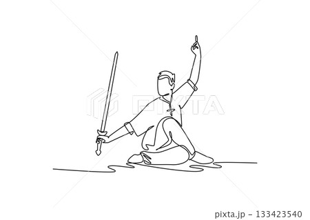 Continuous one line drawing man Wushu athlete sitting low on ground in cross-legged stance, holding sword up. Precision, balance, discipline form. Single line draw design vector graphic illustration 133423540