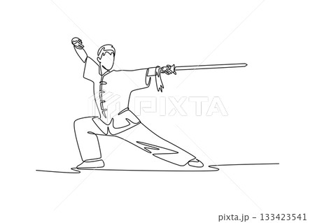 Continuous one line drawing active man Wushu athlete poised in deep bow stance, holding sword extended forward. Power, focus, and disciplined form. Single line draw design vector graphic illustration Continuous one line drawing active man Wushu athlete poised in deep bow stance, holding sword extended forward. Power, focus, and disciplined form. Single line draw design vector graphic illustration 133423541